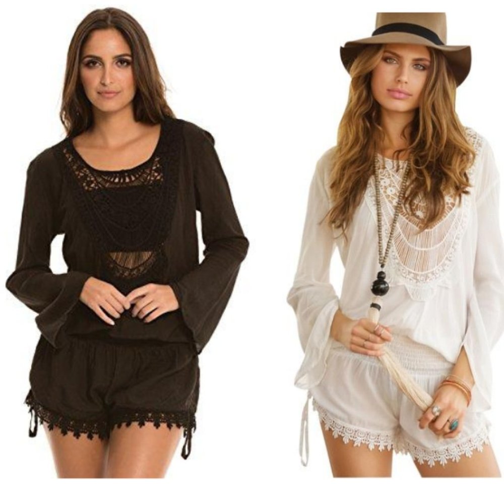 Elan Black Crocheted Open Back Romper Cover L - Picture 1 of 10